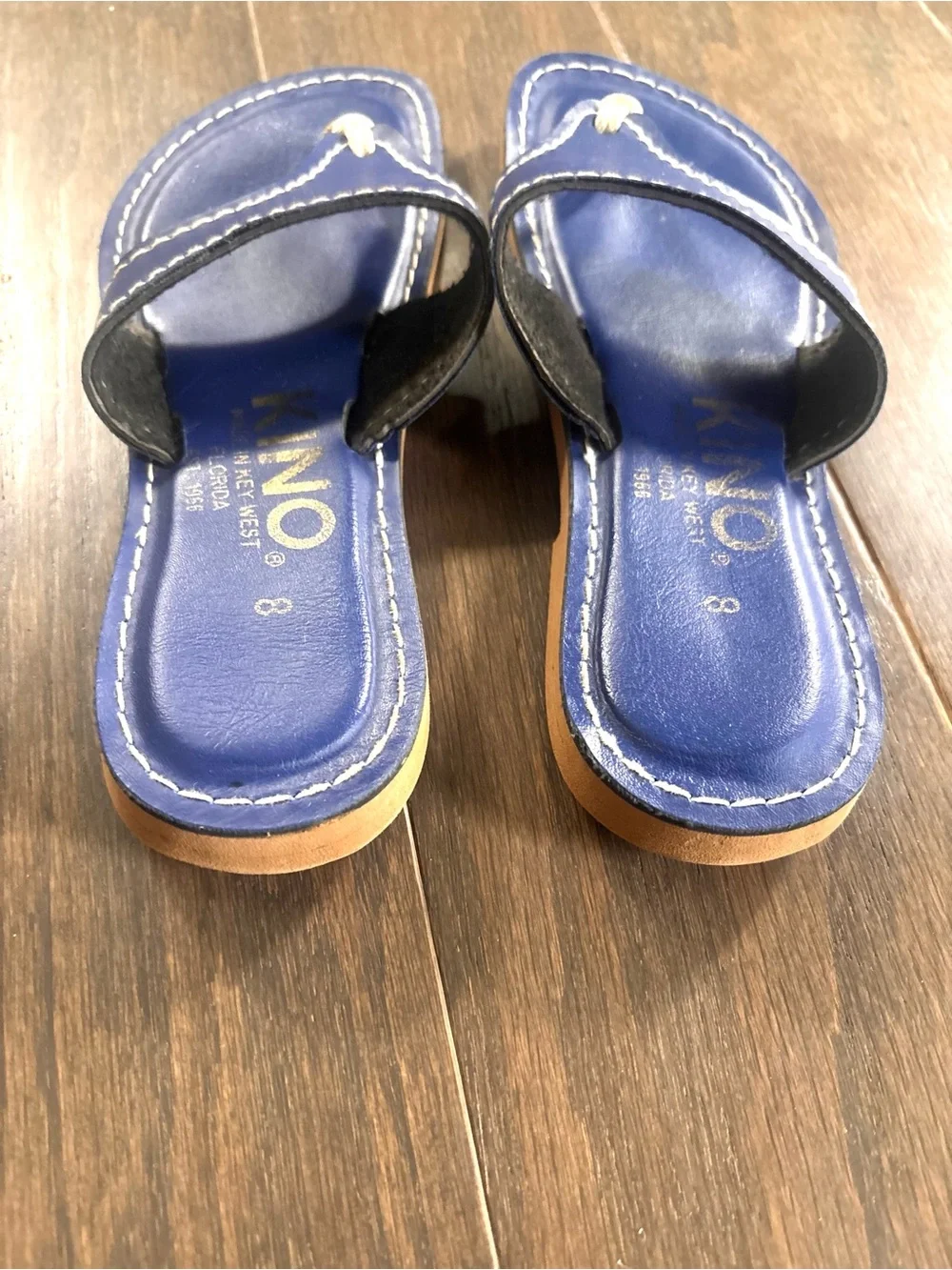 Kino Blue Leather Thong Flip Flop Sandals- Made in Key West USA- Size 8